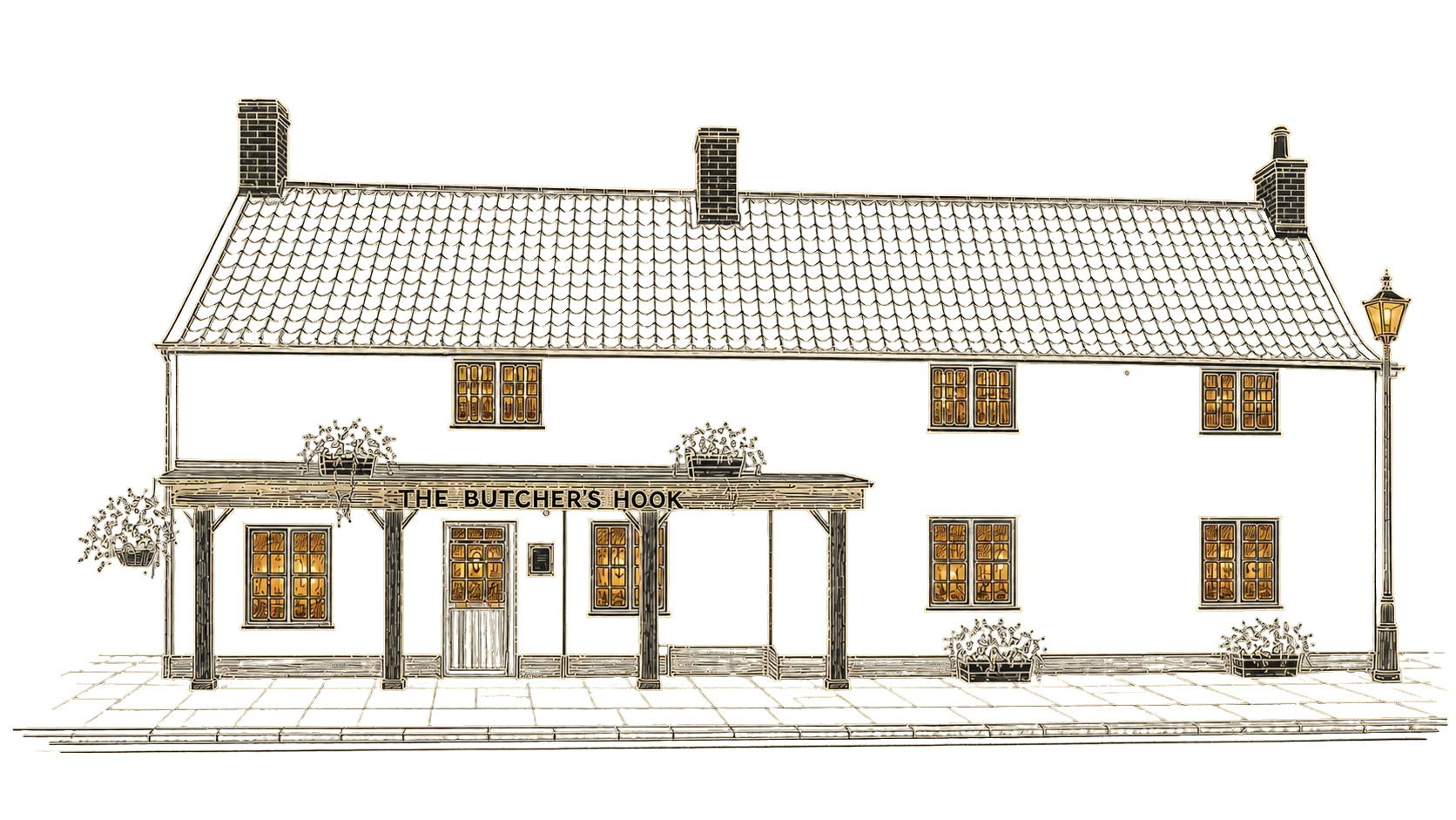 A hand drawn illustration of The Butcher’s Hook pub